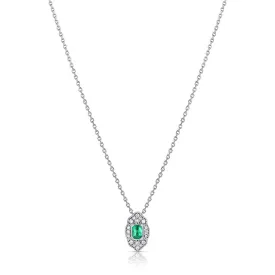 14kt White Gold Emerald Diamond Art Deco Design Necklace