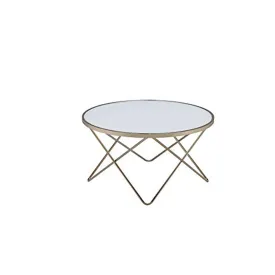 19" Round Glass Top Coffee Table With V Legs, White And Gold By Benzara