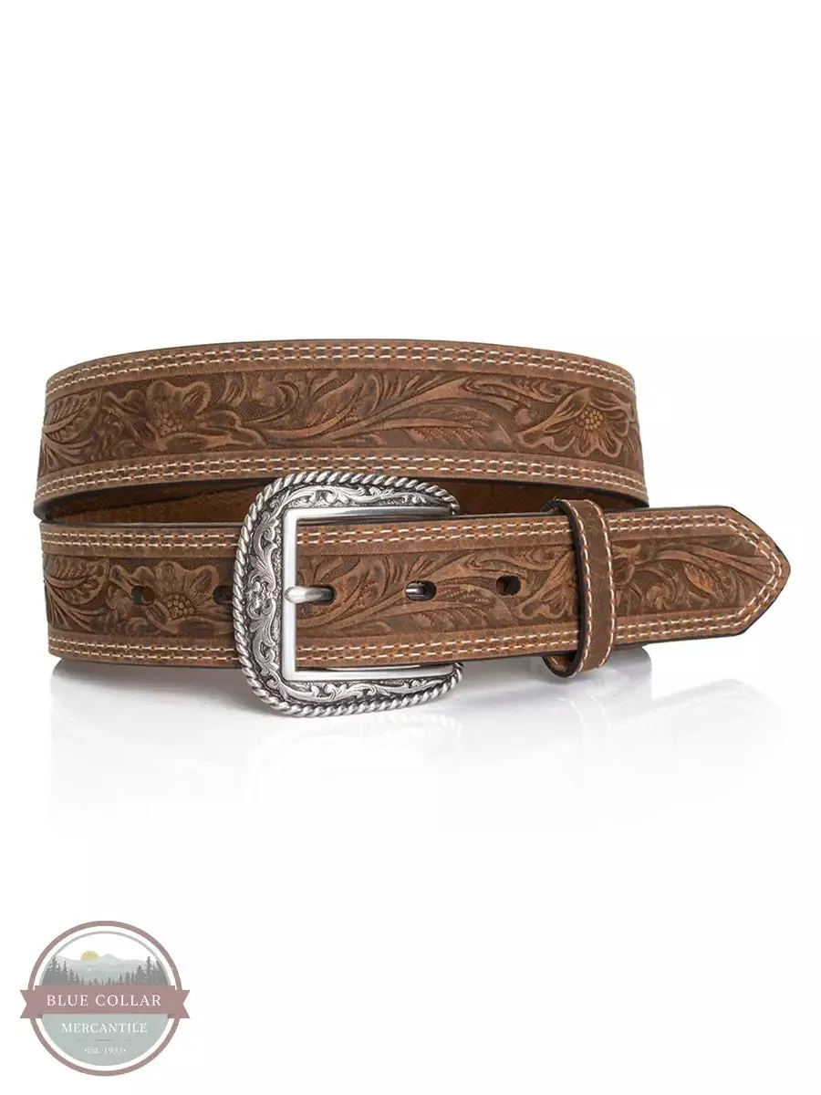 A1012402 Tooled Double Stitched Brown Belt