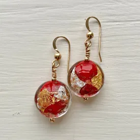 Earrings with red pastel, gold and silver Murano glass small lentil drops on silver or gold