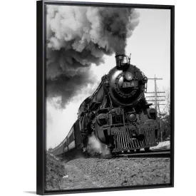 "1920's 1930's Steam Engine Pulling Passenger Train Smoke Billowing From Exhau" Black Float Frame Canvas Art - Multi