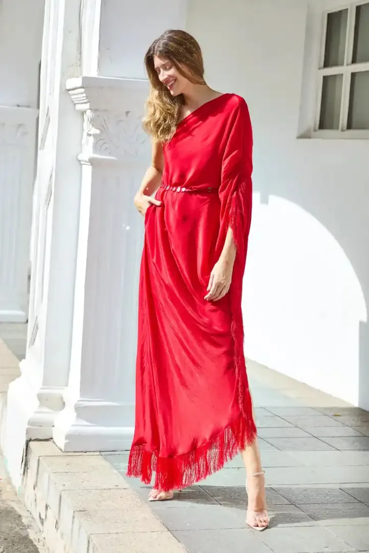 Red One Shoulder Kaftan With Mirror Belt