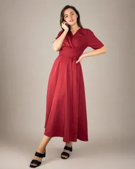 Takara Red Short Sleeve Midi Dress with Wrap Belt